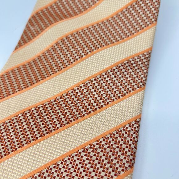 Vintage Dona/Dona Tan Orange Brown Diagonal Stripe 100% Silk Long Tie - Picture 4 of 9